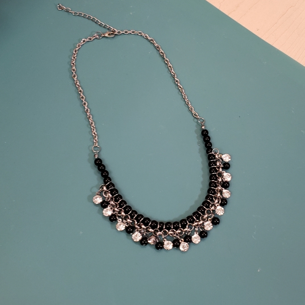 Vintage silver, multi bead, rhinestone jeweled dangle charms statement necklace - Picture 8 of 9